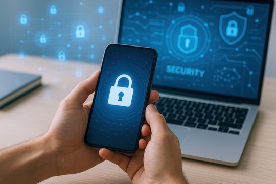 Data security concept: Person holding a smartphone with padlock icon, laptop background with digital security interface.