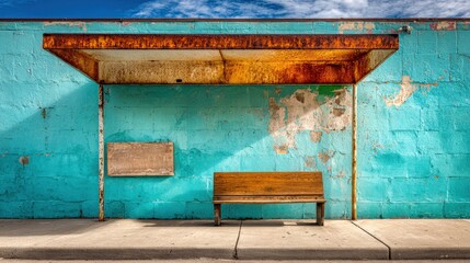 Weathered Bus Stop Shelter with Rustic Bench and Turquoise Wall in an Urban Landscape