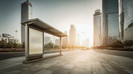 Cityscape Bus Stop with Modern Architecture: Urban Transportation and Commercial Advertising Space in a Metropolitan Area