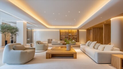 Fototapeta premium Serene Luxury Living Room Interior with Modern Furniture, Neutral Colors and Ambient Lighting Design