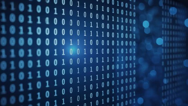 Dynamic digital stream of binary code flows seamlessly creating a mesmerizing futuristic data visualization with glowing bokeh effects enhancing the tech atmosphere