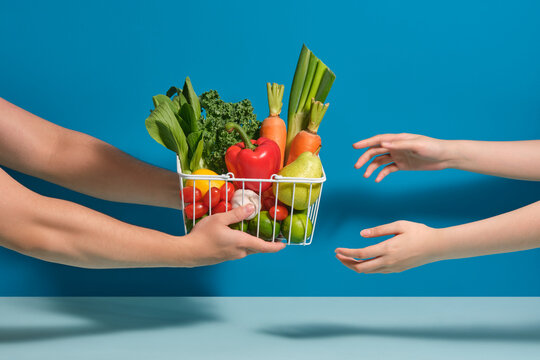 Hands Sharing a Basket of Fresh Groceries Against Blue Background