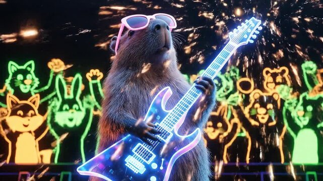 Cool capybara rocking out on a neon electric guitar with a cheering crowd in the background at a vibrant concert