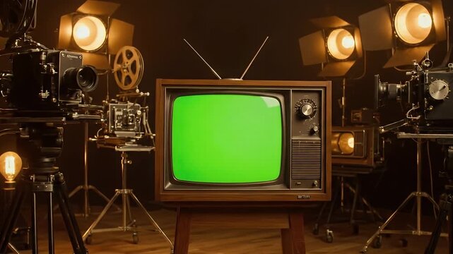 Golden age of broadcasting concept with a vintage television featuring a green screen, surrounded by old movie cameras and studio lights
