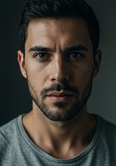 Obraz premium Portrait of a Man Capturing Emotion and Intensity in a Studio Setting, close-up of expressive features with a natural, contemplative gaze for authentic connection.