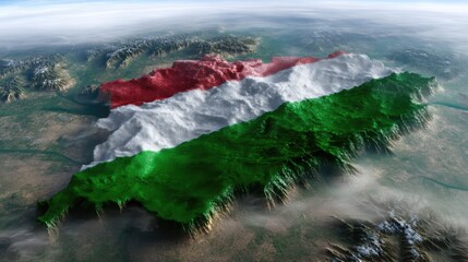 Hungary country form in vibrant flag colors red white green appears as elevated terrain representing national day constitution day foundation