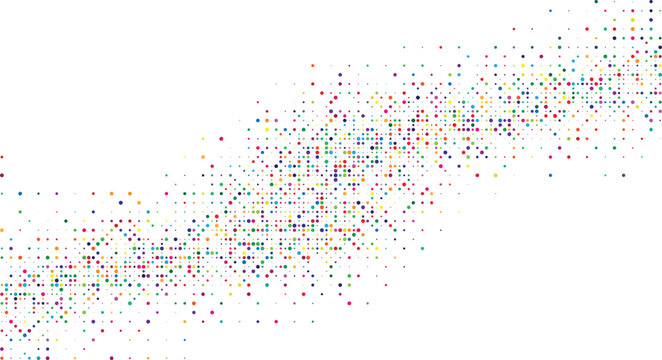 Colorful confetti dots flowing in a wave on white background abstract particle layout simple multicolor sprinkle festive design for celebration banner and modern backdrop