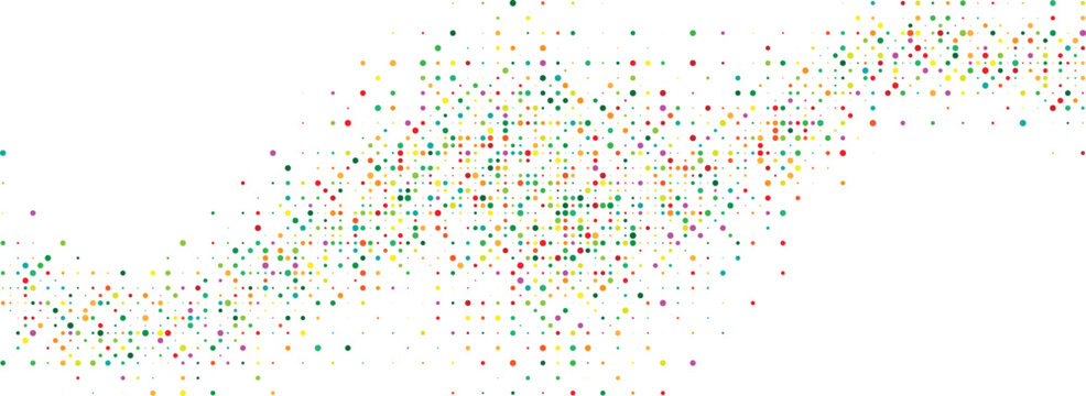 Colorful confetti dots flowing in a wave on white background abstract particle layout simple multicolor sprinkle festive design for celebration banner and modern backdrop