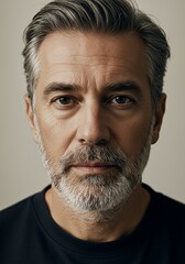 Portrait of a Mature Man with Gray Hair and a Well-Groomed Beard, Expressing Wisdom and Confidence Against a Soft, Neutral Backdrop