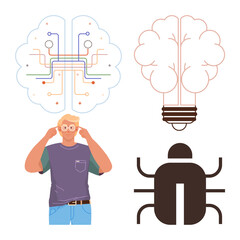 Person in thought surrounded by abstract brain with neural paths, lightbulb as a tree, and bug icon. Ideal for innovation, technology, brainstorming, imagination, problem-solving, debugging