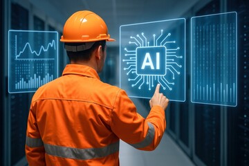 Engineer in Orange Uniform Analyzing AI Data Interface, Server Room Environment, Technology and Innovation