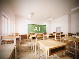 Classroom. Empty white school classroom with AI writing on chalkboard. 3D Rendering, 3D Illustration	
