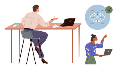 Man and woman collaborating over laptop and analytics. Ideal for teamwork, communication, feedback, data analysis, collaboration, office culture, brainstorming. A simple flat metaphor