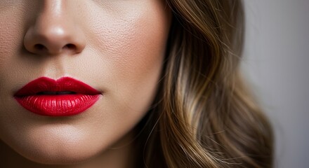 Close-up of a glamorous woman with vibrant red lipstick and perfect skin. A partial portrait showcasing classic beauty, elegant makeup, and wavy hair on a neutral background.