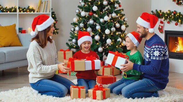 Family wearing Santa hats exchanging Christmas gifts near decorated tree and fireplace. Studio holiday interior with festive lights, presents, and cozy atmosphere. Christmas celebration and winter hol