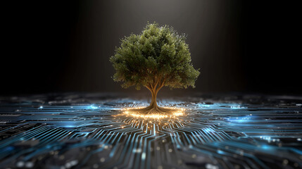 Glowing Tree Growing from Digital Network on Dark Background