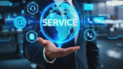 Businessman holding glowing digital globe with service icons and communication symbols. Studio conceptual image of global customer support and information technology. Online service and digital commun - Powered by Adobe