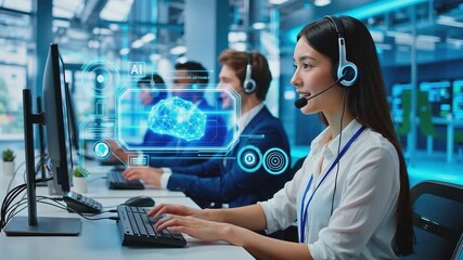 Customer support team wearing headsets working on desktop computers in modern call center office. Studio shot of technical service professionals in communication hub. Client assistance and IT support  - Powered by Adobe