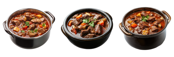 Set of meat stew in cooking pot isolated on transparent background