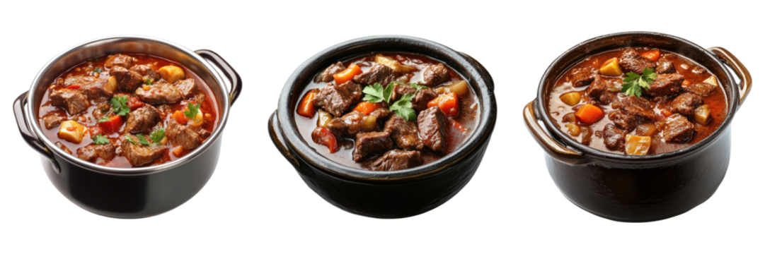 Set of meat stew in cooking pot isolated on transparent background