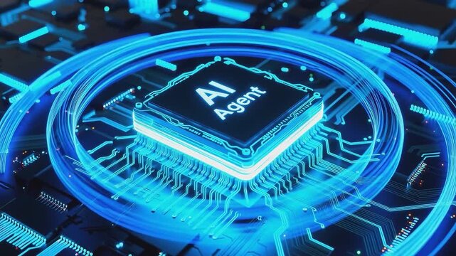 Close-up of glowing AI agent microchip on circuit board with digital neon elements. Studio conceptual image of artificial intelligence processor and advanced computing technology. AI systems and machi