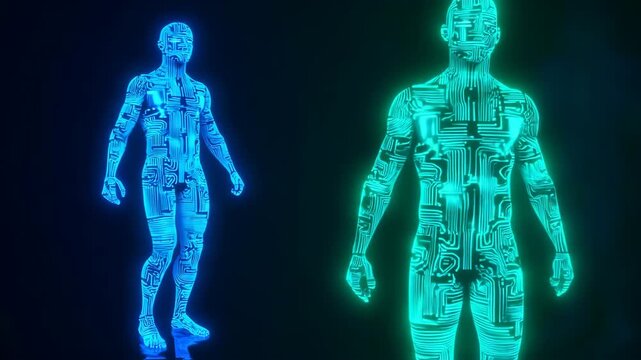 Two glowing, stylized human figures with intricate circuit board patterns on their bodies