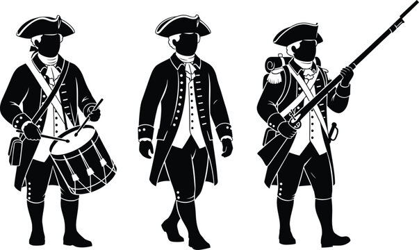 Vector art of three colonial soldiers in uniform isolated on white background