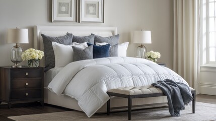 Elegant Bedroom Interior with Luxurious Bedding, Neutral Tones, and Sophisticated Decor for Home Design