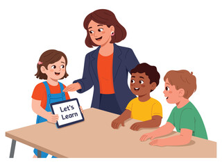 Flat 2D Illustration of Female Teacher Guiding Diverse Elementary Students with Digital Tablet