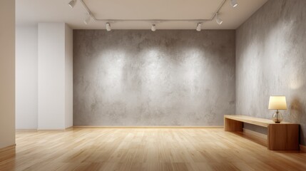 Modern Gallery Interior with Concrete Walls, Wood Flooring, Bench, and Adjustable Lighting for Art Exhibitions