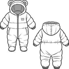 Cute baby winter snowsuit with bear ears hood, warm padded jumpsuit design, front and back view, cozy infant outerwear illustration