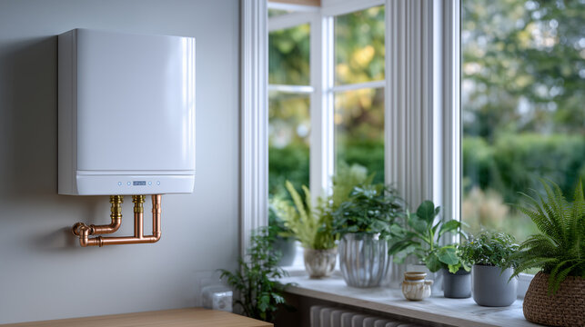 Sleek wall-mounted white boiler with polished copper pipes running neatly beneath, set against a pristine bright white wall, soft daylight highlighting the clean, modern plumbing d