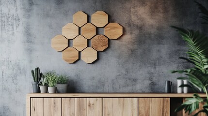 Hexagon decor hangs on concrete wall above wooden cupboard.