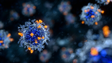 Scientific 3D render of immune system microenvironment, vibrant blue B cells and orange T cells suspended in soft-focus, translucent cytoplasm,