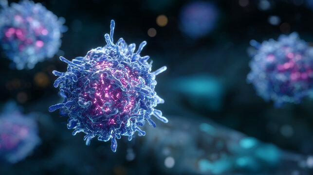 Realistic microscopic shot of T cells and B cells exchanging signals, intricate protein receptors visible, bathed in vibrant turquoise and magenta light,