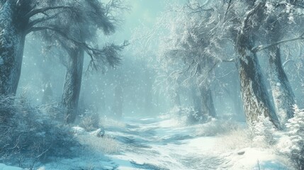 Snow-laden trees in a frozen winter forest.
