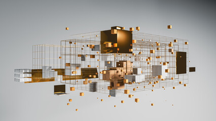 Dynamic abstract background featuring geometric shapes and laptop