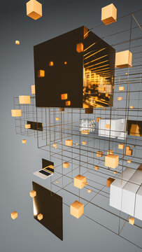 Dynamic abstract background featuring geometric shapes and laptop