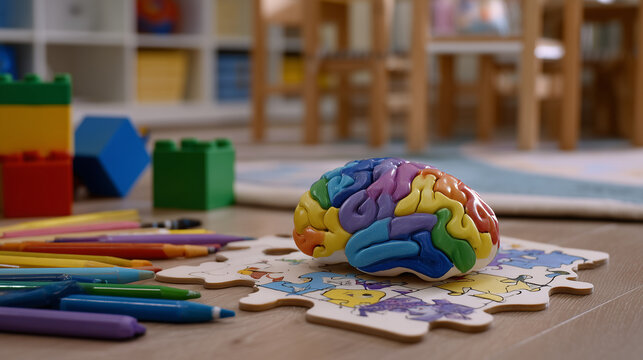 Childrenâs playroom scene with a completed wooden brain puzzle on the floor, surrounded by colorful building blocks and crayons,
