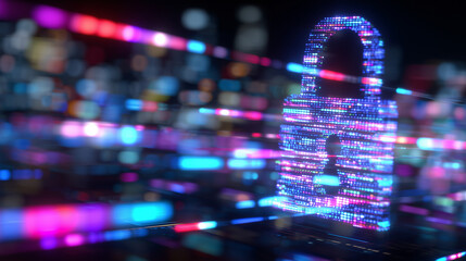 Hackerâs code intercepted by a glowing security firewall barrier, vibrant neon colors illustrating the battle between attack and defense,