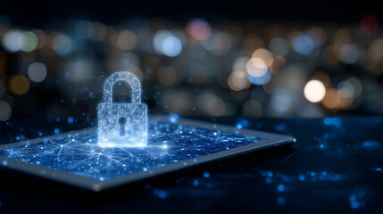 Digital lock icon hovering over a tablet screen, with abstract network connections and security analytics in the background,