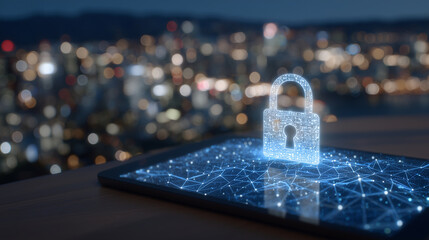 Digital lock icon hovering over a tablet screen, with abstract network connections and security analytics in the background,