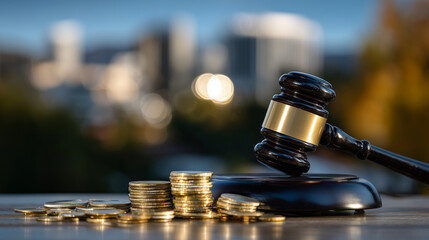 Obraz premium Elegant courtroom-style gavel placed atop shining coins, blurred suburban scene glowing under afternoon sun,