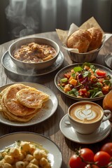 Cozy breakfast spread with steaming soup, pancakes, fresh salad, bread rolls, cappuccino, and fresh vegetables on a rustic wooden table in natural morning light.
