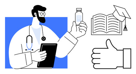Doctor holding vial and clipboard, symbols of education and approval in background. Ideal for healthcare, education, training, certification, medicine, research, or simple landing page