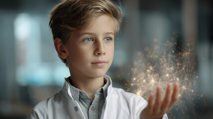 Boy Looking at Glowing Digital Particle Effects in Hands