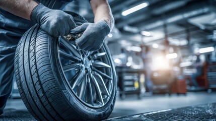 Naklejka premium Automotive Technician Inflating Car Tire in Garage: Vehicle Maintenance and Inspection Services