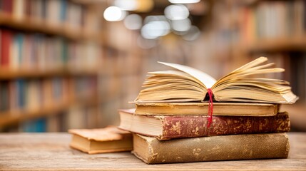 Fototapeta premium Stack of Vintage Books with Open Book Top on Wooden Desk in Library