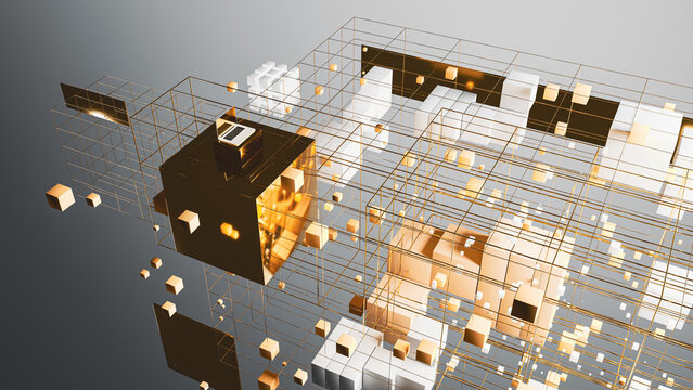 Dynamic abstract background featuring geometric shapes and laptop