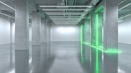 Obraz premium Bright Empty Gallery Space with Concrete Columns and Polished Floors, illuminated by Green LED lights